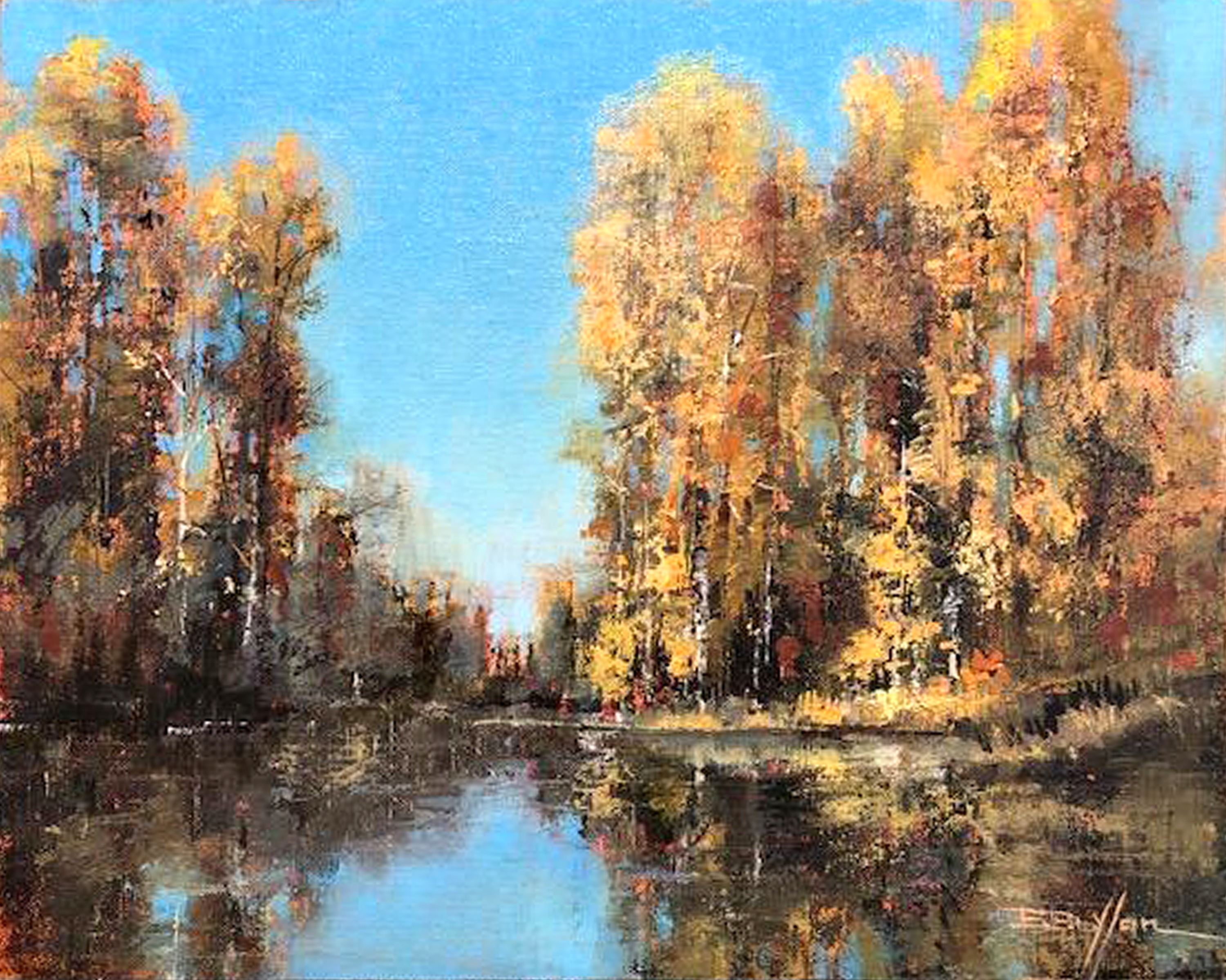 painting of a river frames by tall trees