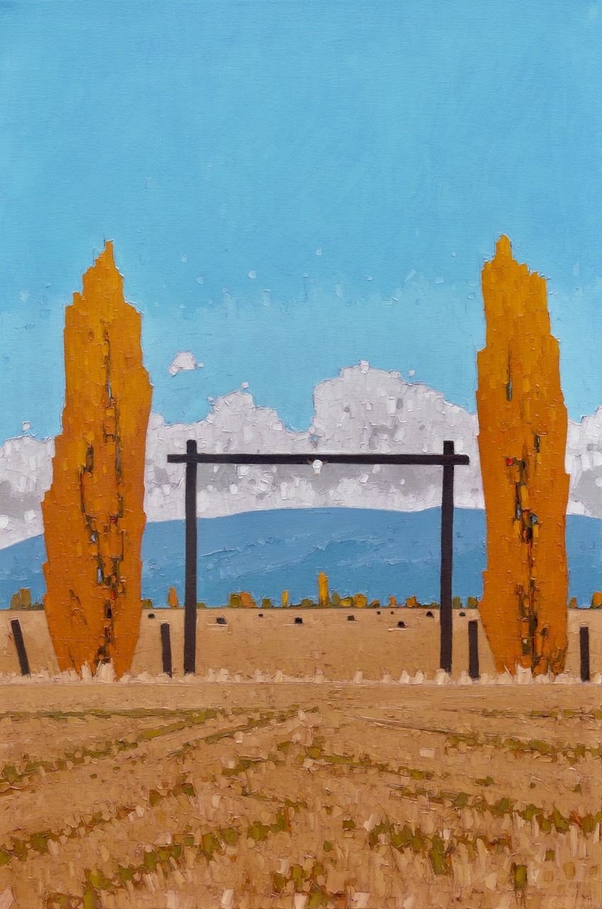 painting of a western style entrance flanked by two tall trees