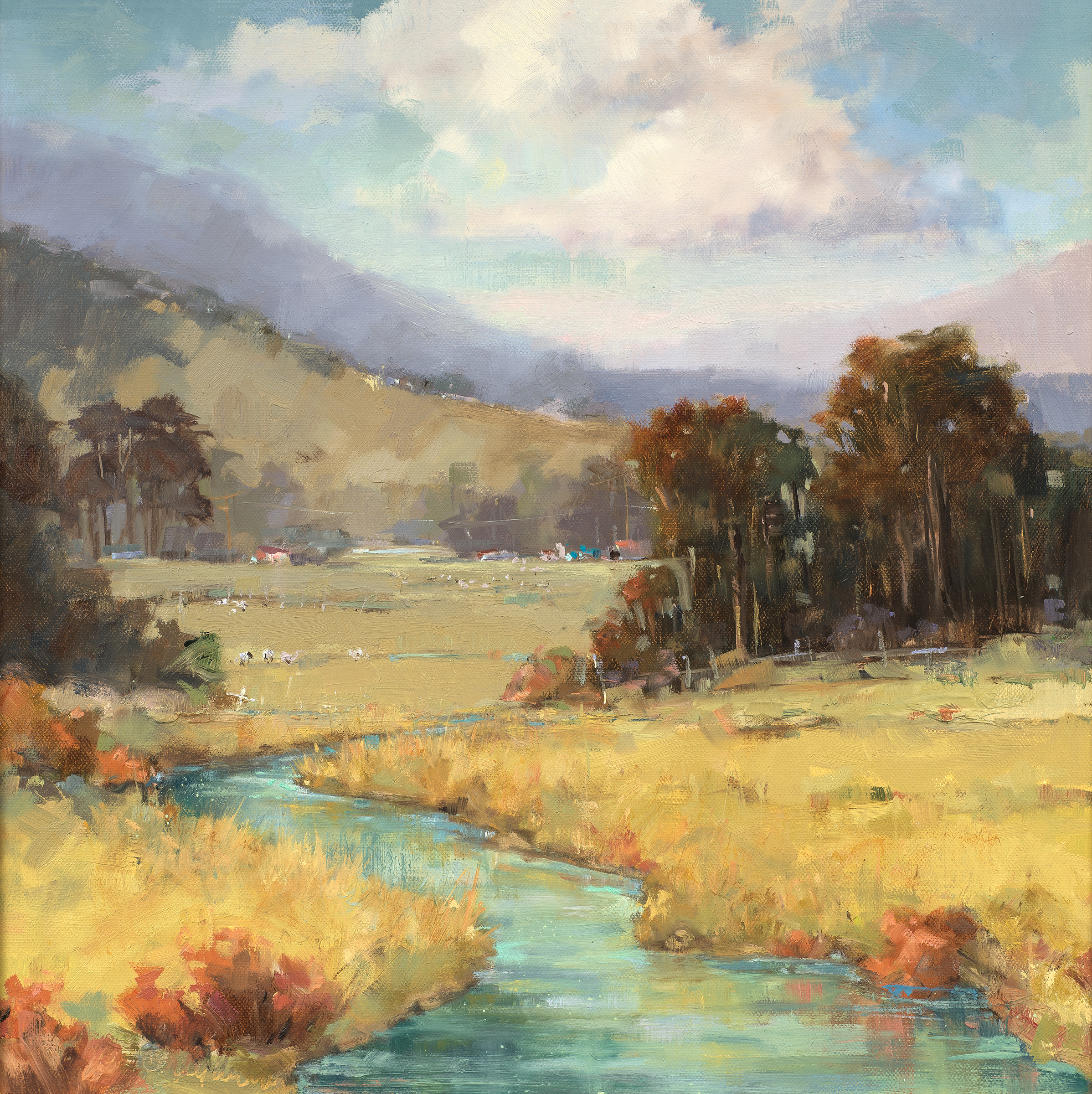 painting of a small stream running through a mountain valley