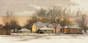 painting by John Pototschnik of a homestead under a light blanket of snow