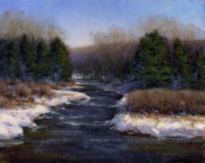 painting by Tony D'Amico of a deep blue stream with snowy banks