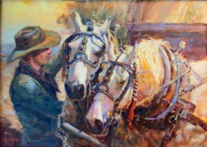 painting by Julie Rogers of a man tending to his two horses