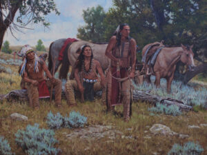 painting by Steven Lang of a group of native american hunters