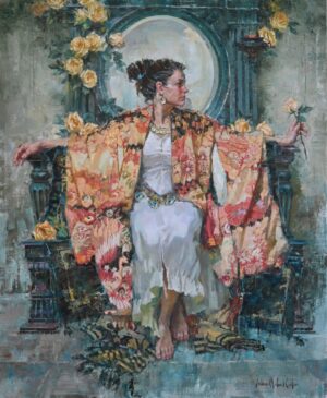 painting by John Michael Carter of a woman seated on a chair and looking over her left shoulder