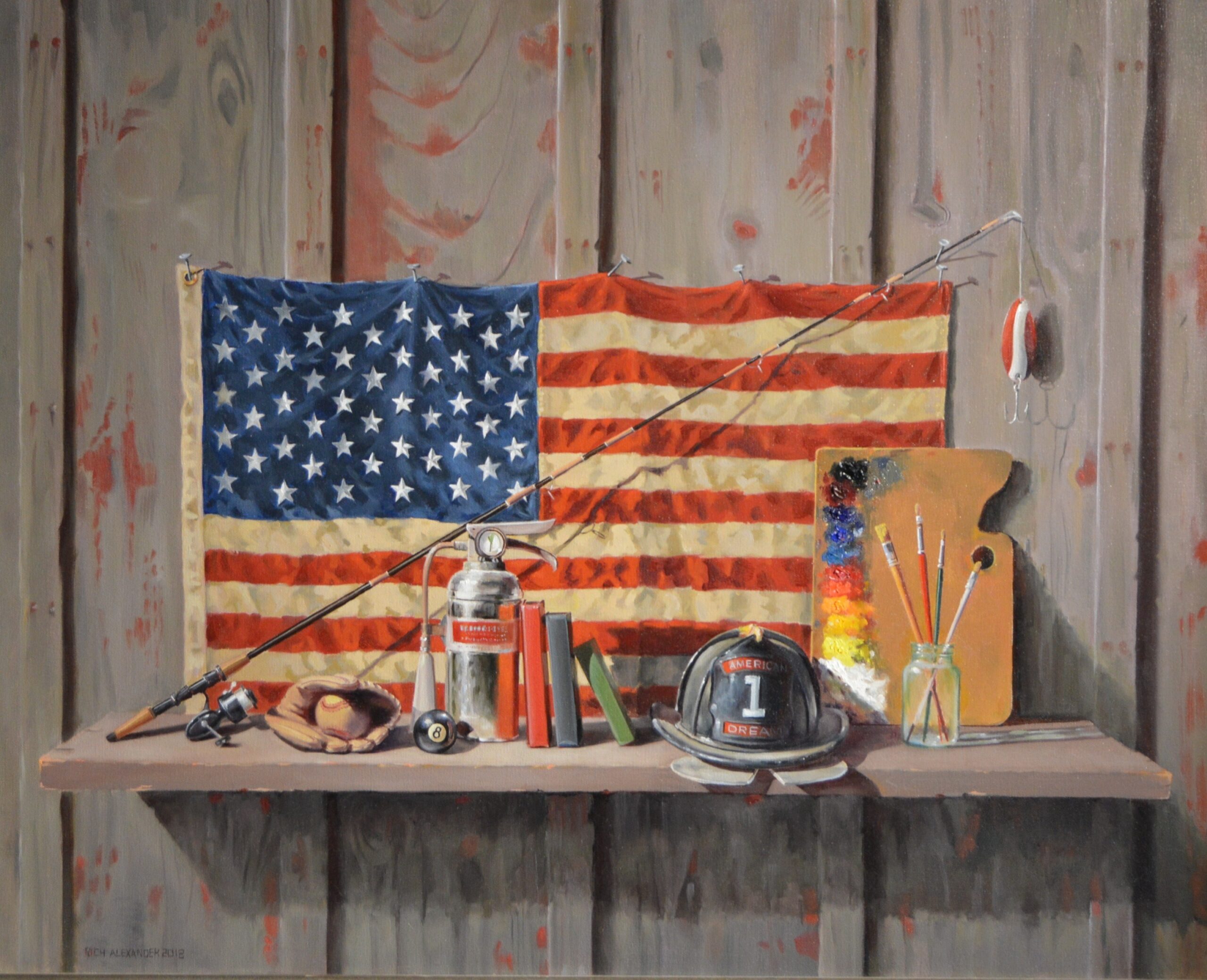 Painting by Rich Alexander of an American Flag on a shelf with some other items.