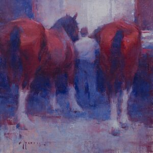 painting by Ken Spenccer of a man standing between two horses