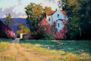 painting by Romona YoungQuist of an old homestead that features a big lilac tree