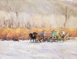landscape painting by Stephen Stauffer of a small heard of pair of horses pulling a farm cart with two men on the cart and a dog running alongside