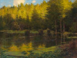 painting by Jim McVicker of afternoon shadows across a mountain reflecting in a lake.