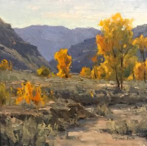 landscape painting by Keith Bond of Golden Cottonwood trees along a wash