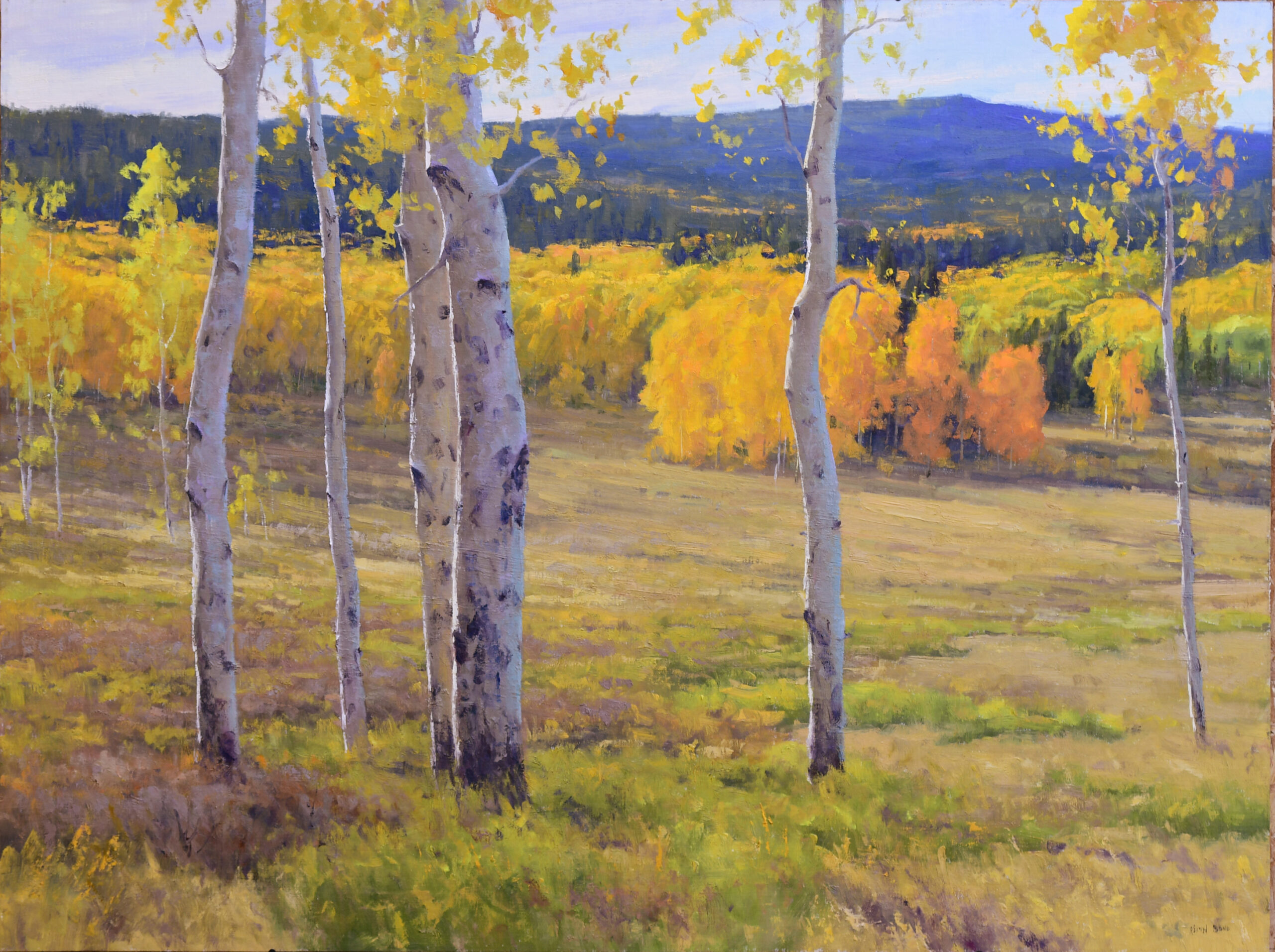 painting of a valley in autumn with trees in the foreground and a mountain ridge in the background