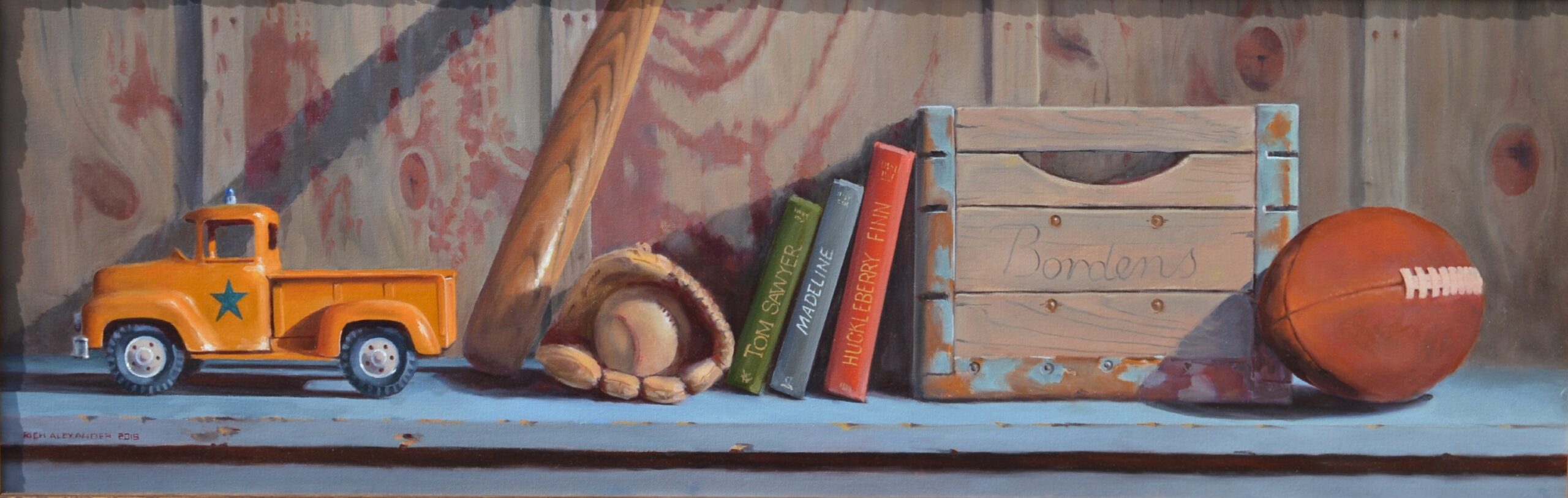 Painting by Rich Alexander of a shelf that displays an old toy truck, a baseball bat and glove with a baseball, some books and a wooden crate