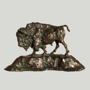 bronze sculpture by Scott Rogers of a bison, walking.