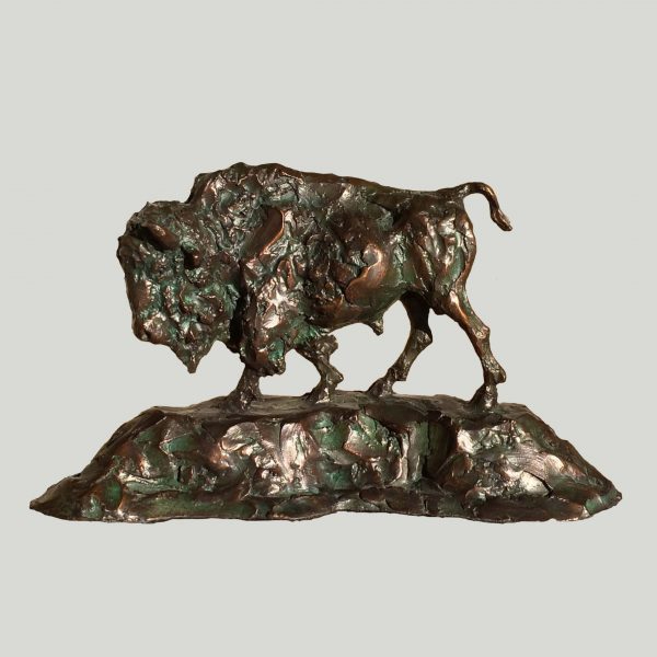 bronze sculpture by Scott Rogers of a bison, walking.