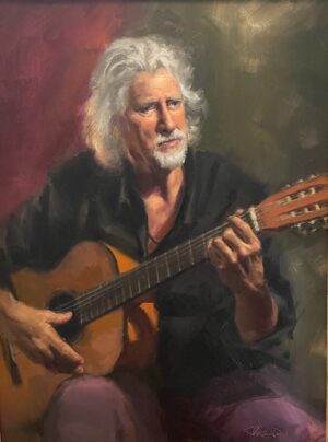 painting by Kurt Anderson of a man seated playing a guitar