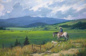painting by Richard Boyer of a cowboy on horseback overlooking a valley