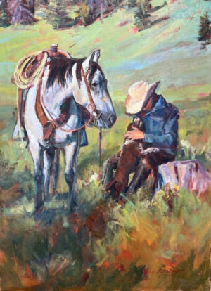 painting by Julie Rogers of a cowboy sitting on a log with his horse standing next to him