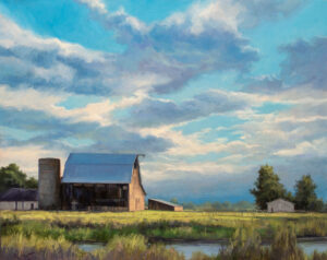 landscape painting by SImon Winegar of a barn and silo under a cloudy blue sky
