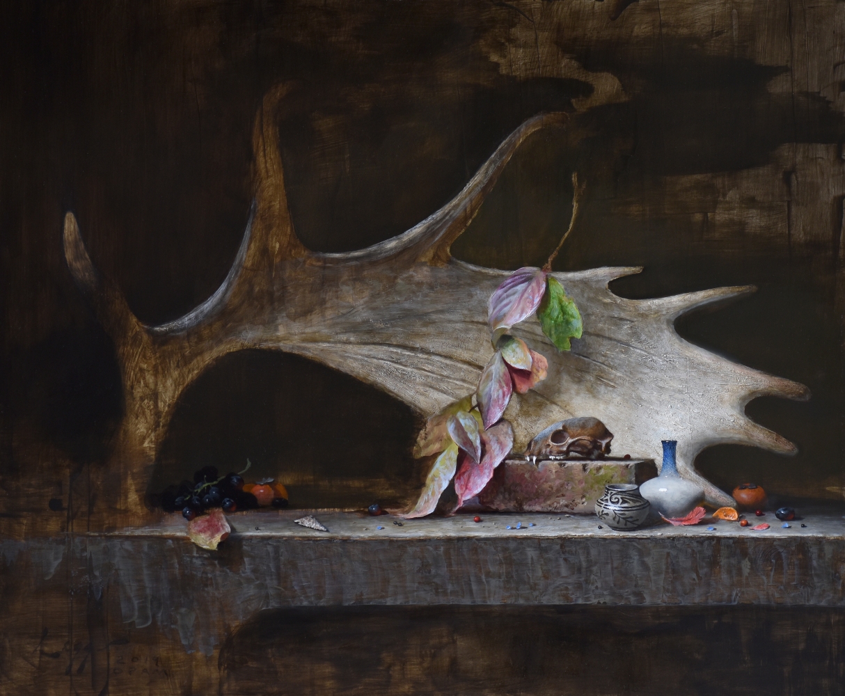 Still life painting by Jeff Legg of a Moose antler, with.a delicate tednril if leaves