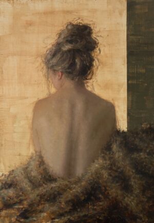 painting by Kyle Stuckey of a naked woman facing away, with a blanket tuckedd around her waist