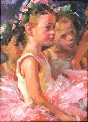 painting by Julie Rogers of two young girls in tutus ready to dance