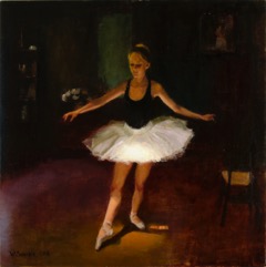 painting by william schneider of a young girl getting mentally prepared for an on-stage presence