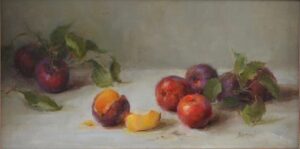 Still life painting by Stephanie Birdsall of a table, withe peaches or nectarines, one has had a wedge cut from it showing its fleshy fruit
