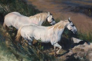 painting by Edward Kucera of two white horses