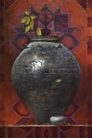 Still life painting by Jeff Legg od a dark earthenware pottery vase against a dark red backgound