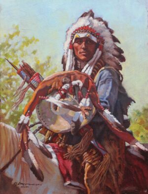 painting by Steven Lang of a native american warrior in full headdress