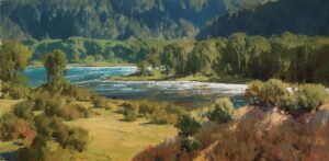 painting by Kimball Geisler of a fisherman in a mountain river