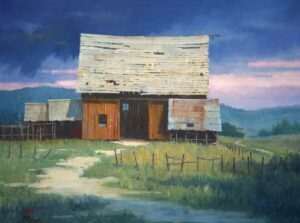 painting by Richard Boyer of a rustic old barn