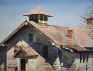 paintnig by Robert MacFarlandd of an old, rustic barn with the tin roof casting shadows on the barn front and sides