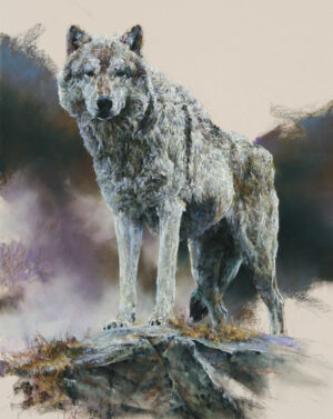 painting by Terry Donohue of a formidable looking grey wolf