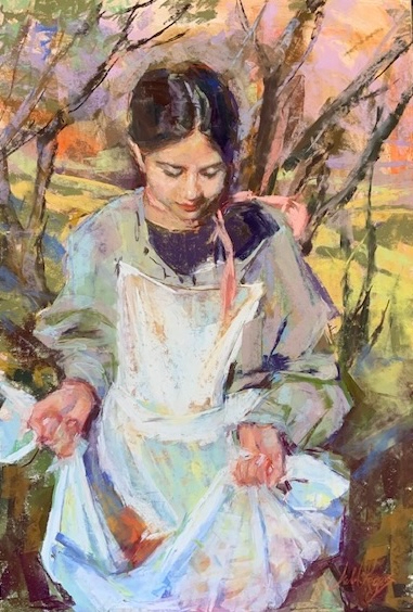 painting by Julie Rogers of a young girl with her apron full of fresh fruit?