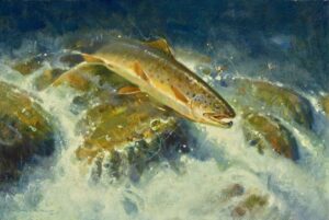 painting by Jim Morgan of a fish jumping over a rock