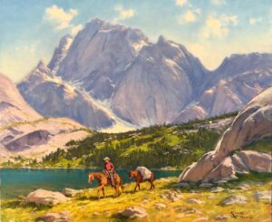 painting by Kimbal Warren of a cowboy on a horse, with a loaded pack horse walking behind