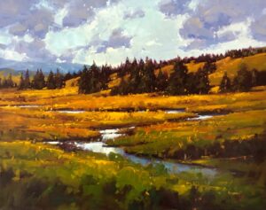 landscape painting by Gregory Stocks showing a creek running through a field with a background of trees and a small foothill