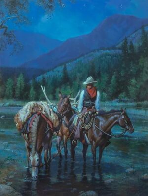 painting by Steve Atkinson of two horses and a cowboy at dusk