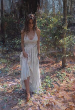 painting by Kyle Stuckey of a woman walking down a wooded path