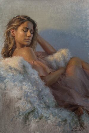 painting by Kyle Stucky of a woman sitting on a chair wearing a dress of pale pink