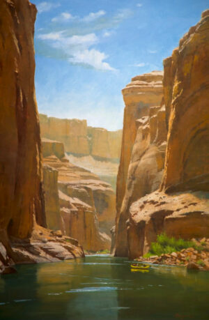 painting by Richard boyer of a pass through view in a canyon
