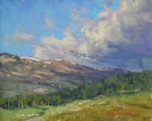 painting by Kim Lordier of a lush mountain valley under a partly cloudy sky