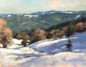 painting by Jim McVicker of a mountain valley covered in snow