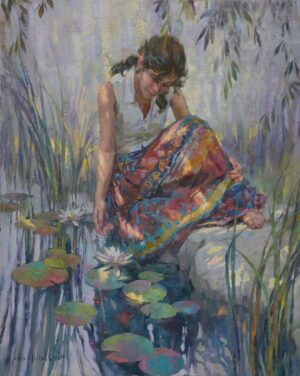 painting by John Michael Carter of a young lady sitting next to a small pond and gazing at the koi.