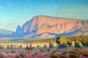 landdscape painting by Kimbal Warren of a shear-faced mountain as a backdrop for a sccene depicting to cowboys on an afternon ride