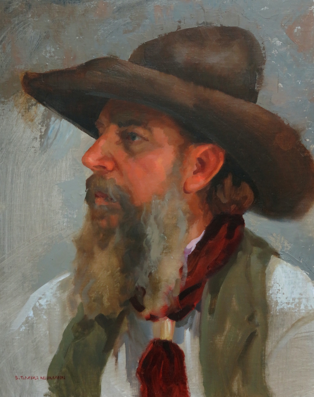 painting by Susan Temple Neumann of a bearded cowboy with a long beard wearing a worn hat