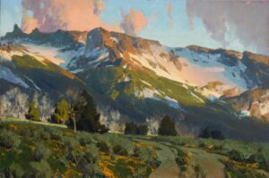 painting by Kimball Geisler of a snow dusted mountain