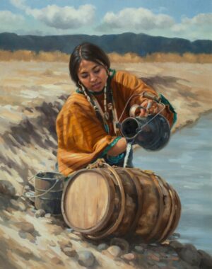 painting by Susan Temple Neumann of a native american indian woman kneeling by a river and pouring water from a pitcher into a large wooden barrel