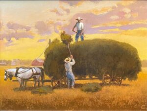 painting by Gary Ernest Smith of a ranch hands loading a hay wagon looking off to one side